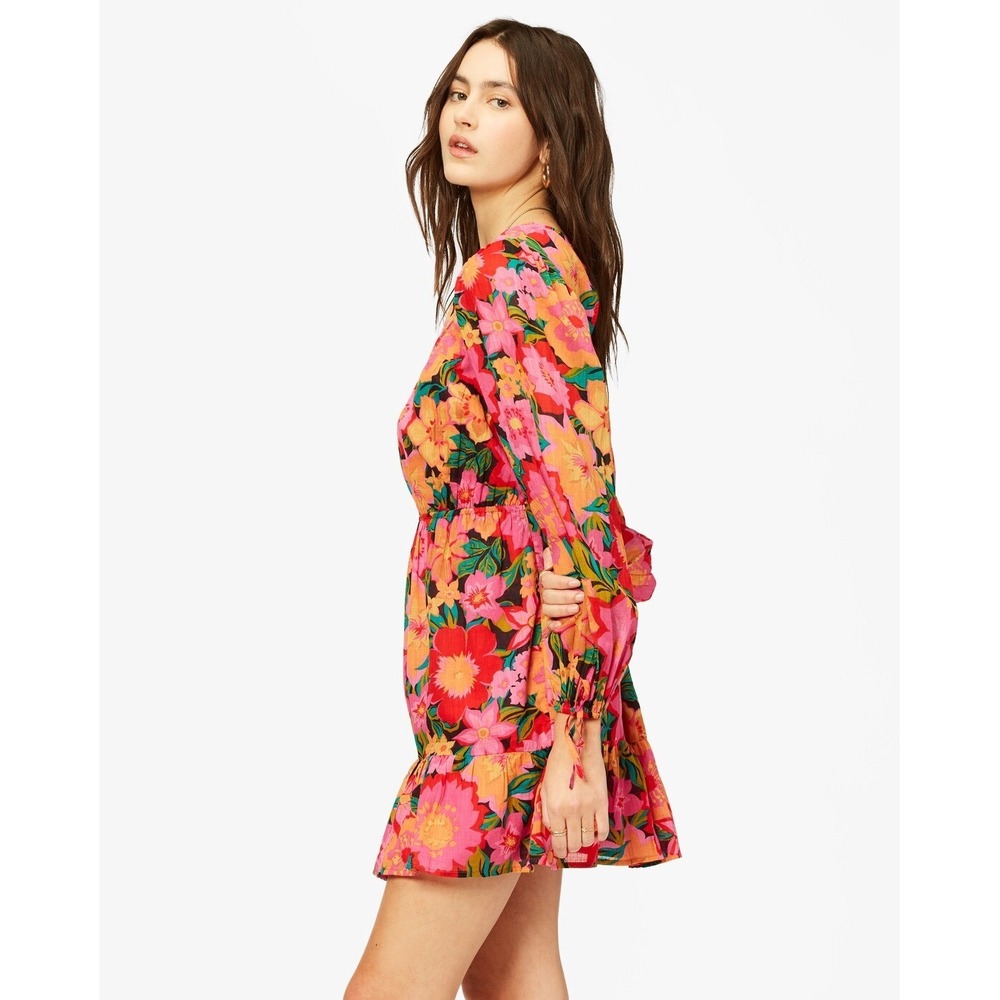 Billabong Floral Mini Dress Long Sleeve‎ Open Back Tie Cottagecore Size Small